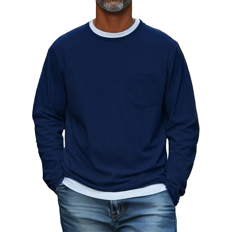 Men's Solid Color Chest Pocket Round Neck Long Sleeve T-Shirt 12455415Y sold by Manly product image thumbnail 3