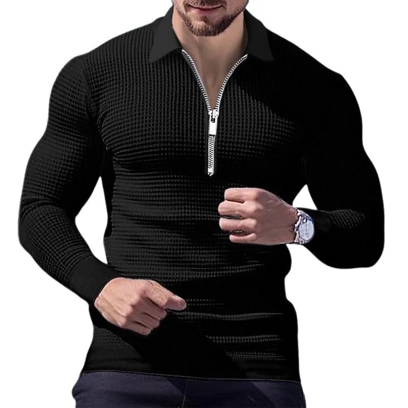 Men's Solid Color Waffle Zip Neck Long Sleeve Polo Shirt 70346571Y sold by Manly
