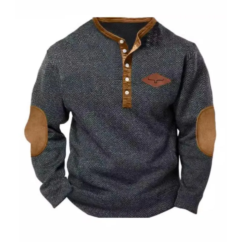 Men's Herringbone Print Button Henley Neck Sweatshirt 87194539Y sold by Manly