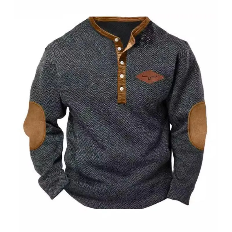 Men's Herringbone Print Button Henley Neck Sweatshirt 87194539Y sold by Manly