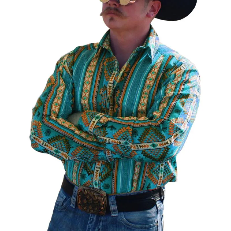 【24-hour shipping out】Men's Western Cowboy Stripe Printed Vacation Long Sleeve Shirt 43560067X sold by Manly