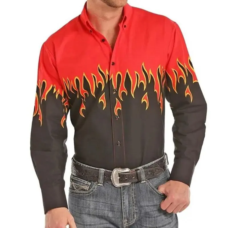 Men's Flame Print Resort Lapel Long Sleeve Shirt 90963121X sold by Manly