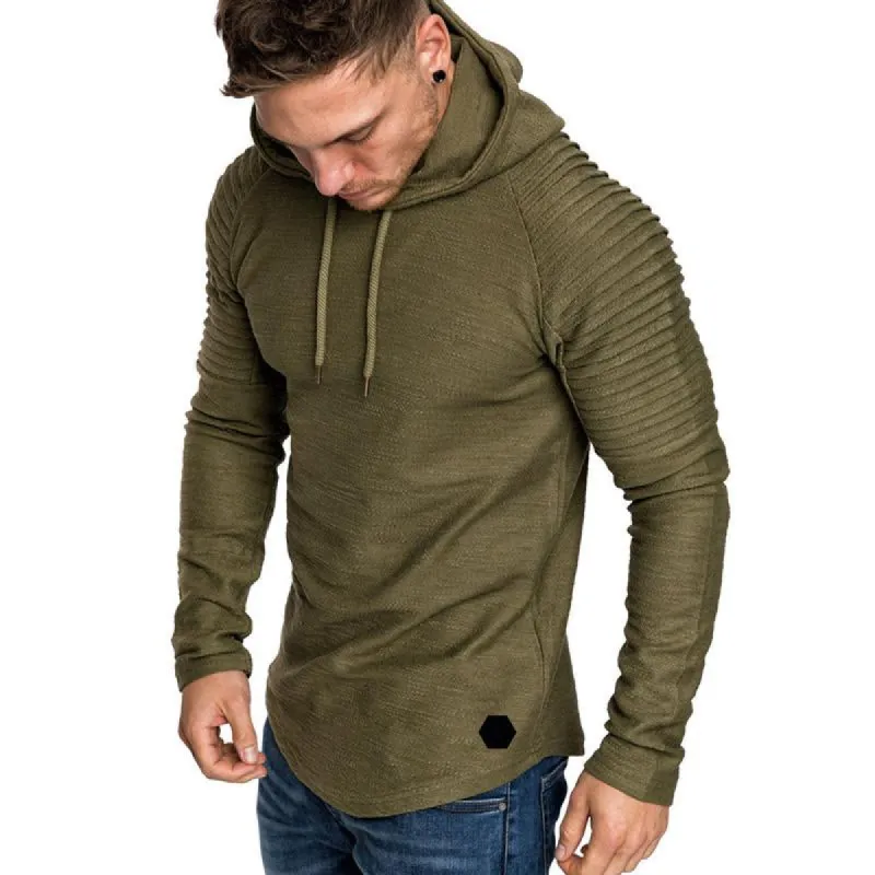 Men's Crew Neck Slim Fit Solid Color Striped Pleated Hoodie 07879431U sold by Manly