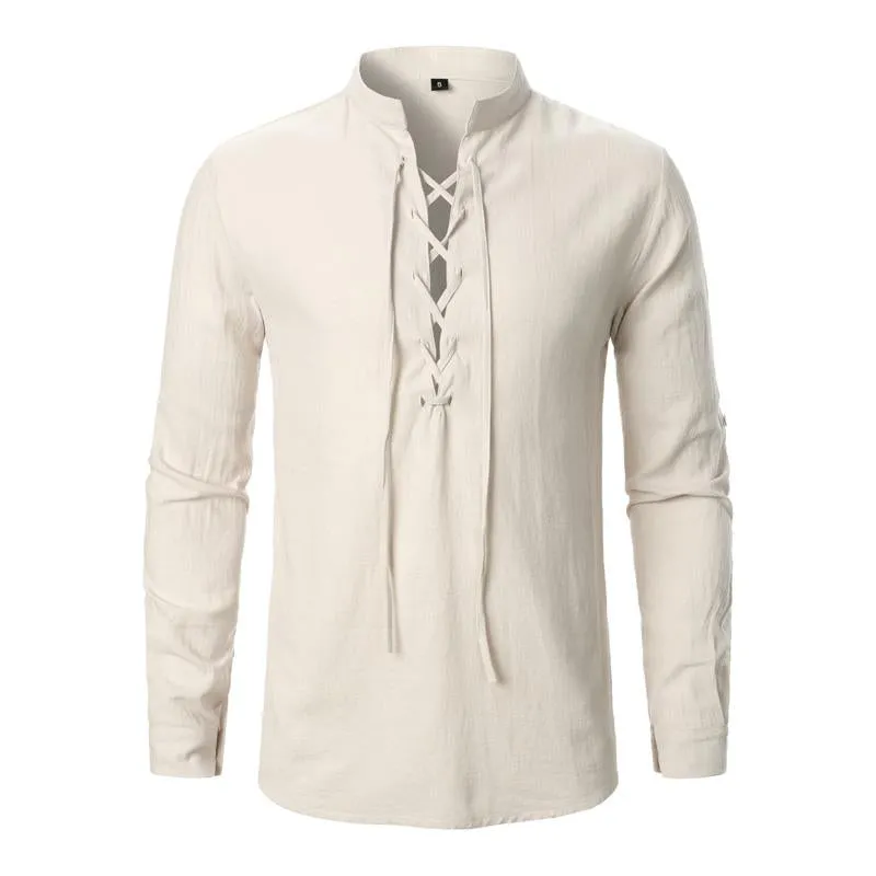 Men's Cotton and Linen Lace-up Casual Long-sleeved Shirt 63529919U sold by Manly