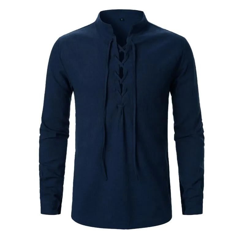 Men's Cotton and Linen Lace-up Casual Long-sleeved Shirt 63529919U sold by Manly product image thumbnail 3
