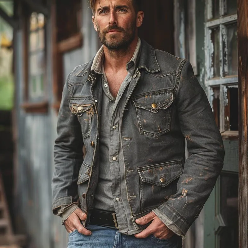 Men's Casual Lapel Washed Ripped Multi-pocket Denim Jacket 73382106M sold by Manly product image thumbnail 3