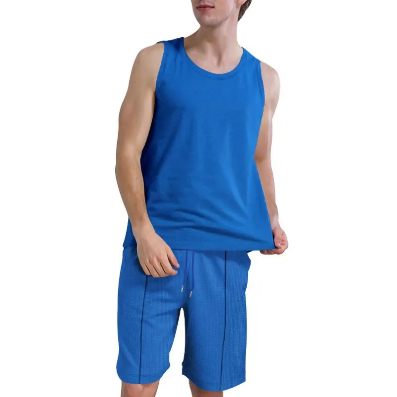 Men's Solid Waffle Round Neck Sleeveless Tank Top Shorts Set 65803770Z sold by Manly