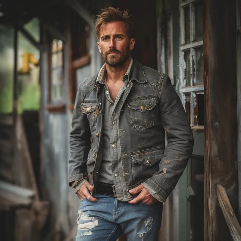 Men's Casual Lapel Washed Ripped Multi-pocket Denim Jacket 73382106M sold by Manly product image thumbnail 2