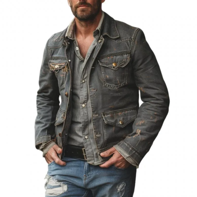 Men's Casual Lapel Washed Ripped Multi-pocket Denim Jacket 73382106M sold by Manly