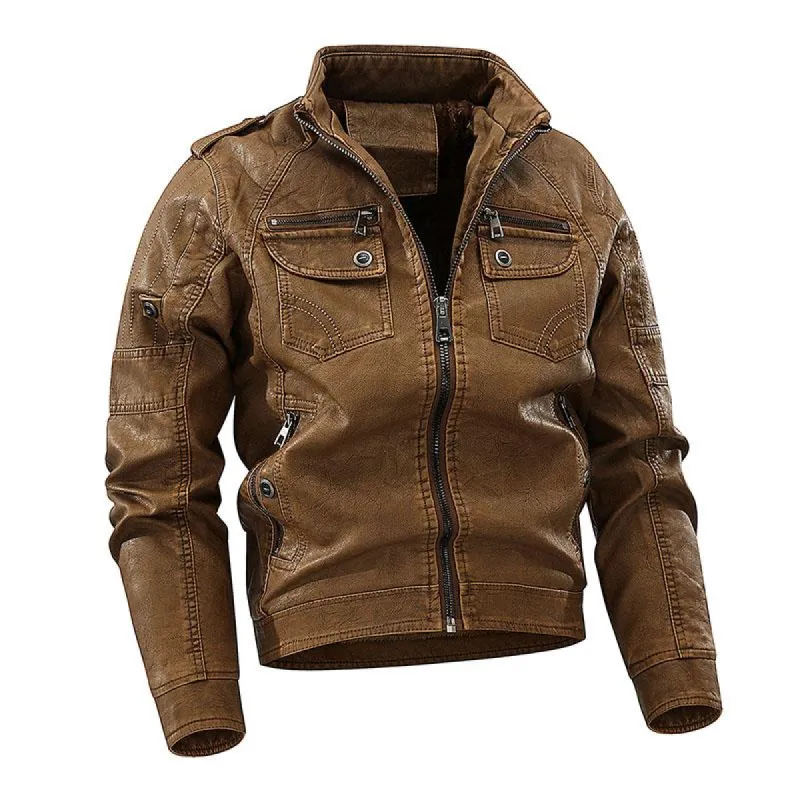 Men's Vintage Washed Multi-pocket Stand Collar Zippered Leather Jacket 34967189M sold by Manly