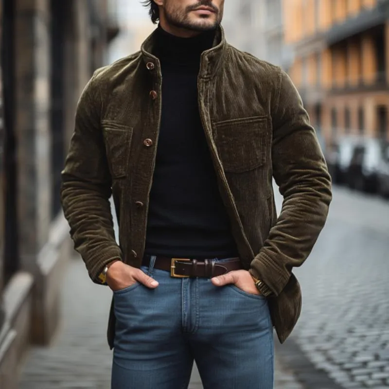 Men's Vintage Stand Collar Corduroy Multi-pocket Slim-fit Blazer 91852355M sold by Manly product image thumbnail 2