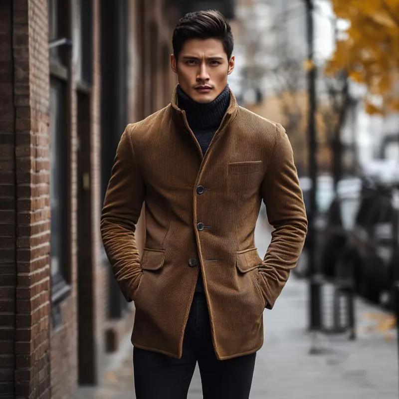 Men's Vintage Stand Collar Corduroy Single-breasted Slim Short Coat 27801818M sold by Manly product image thumbnail 3