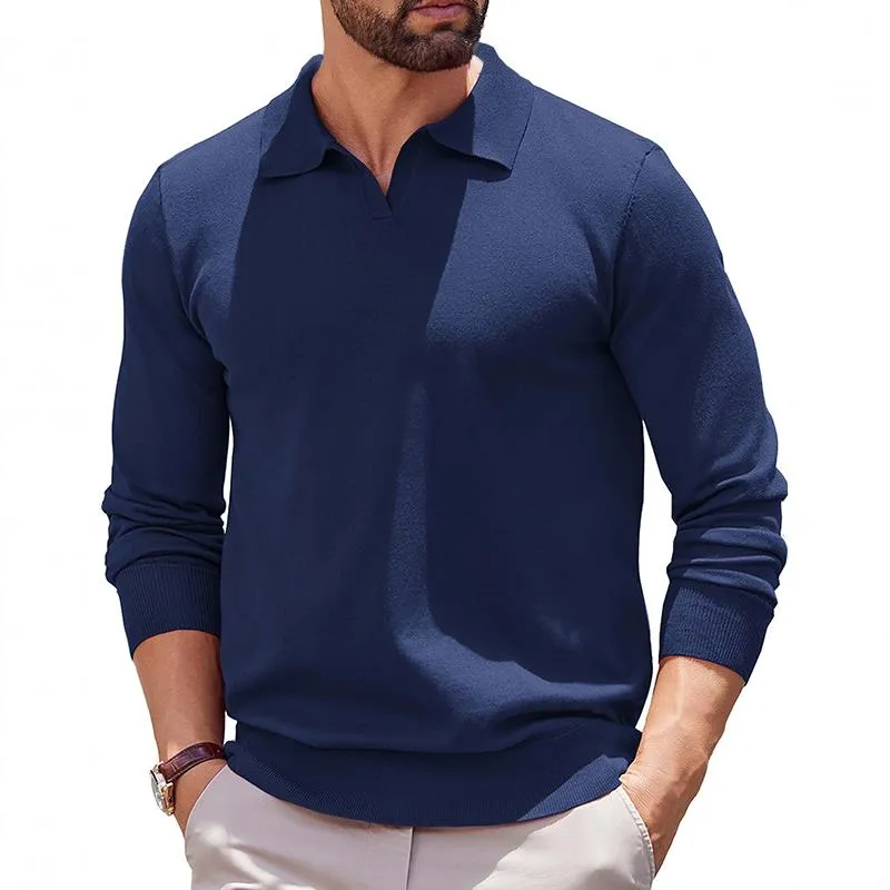 Men's Solid Color Lapel Long Sleeve Loose Polo Shirt 24499735Z sold by Manly