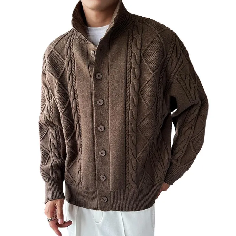Men's Solid Color Cable Stand Collar Single Breasted Knit Cardigan 49962548Z sold by Manly