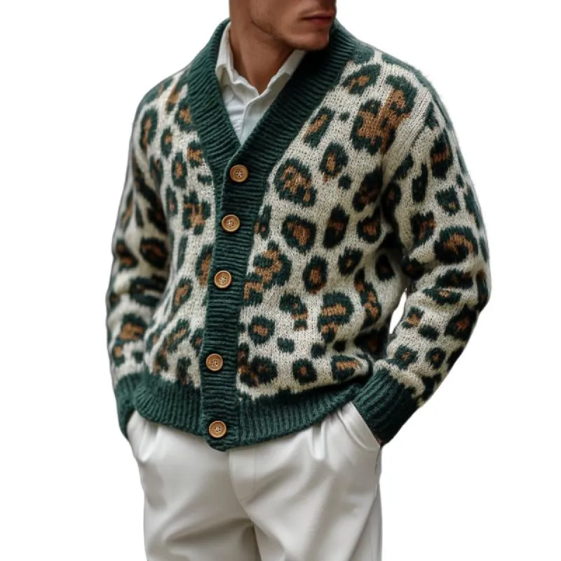 Men's Vintage Leopard Jacquard Colorblock Single Breasted Cardigan 48454339Y sold by Manly