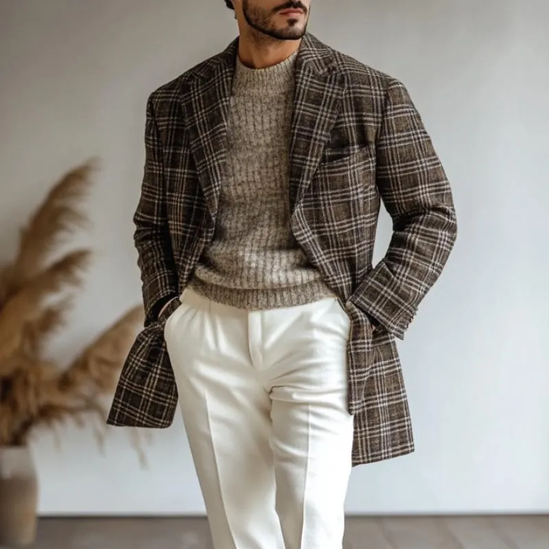 Men's Vintage Checkered Woolen Print Mid-Length Coat 83251038Y sold by Manly product image thumbnail 3