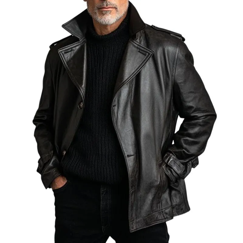 Men's Vintage Lapel Single Breasted Leather Jacket 87558698Y sold by Manly