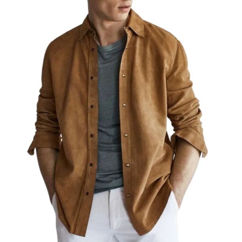 Men's Solid Suede Soft Lapel Long Sleeve Shirt 82341079Y sold by Manly