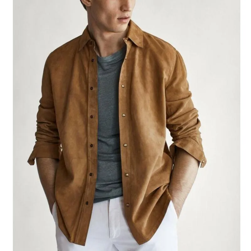 Men's Solid Suede Soft Lapel Long Sleeve Shirt 82341079Y sold by Manly product image thumbnail 3