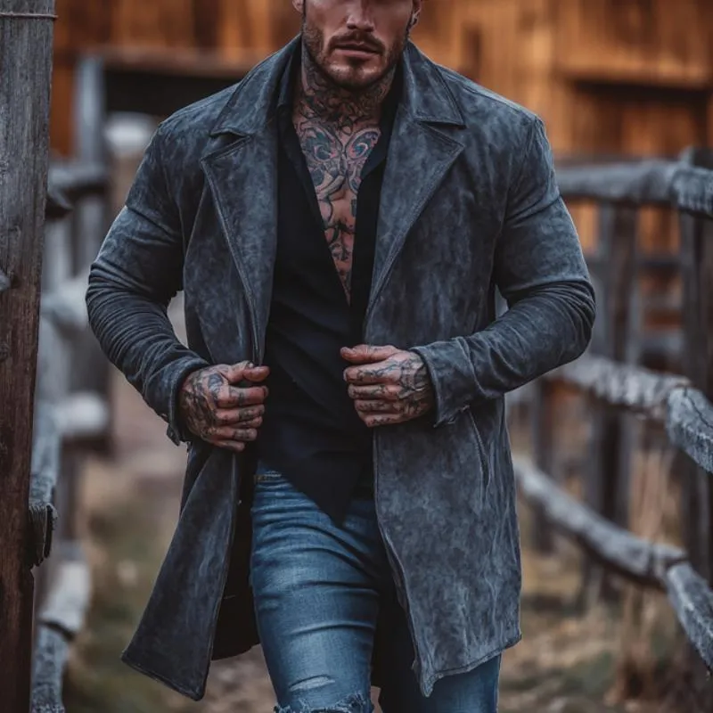 Men's Solid Color Suede Lapel Mid-Length Windbreaker Trench Coat 72782796Y sold by Manly product image thumbnail 3