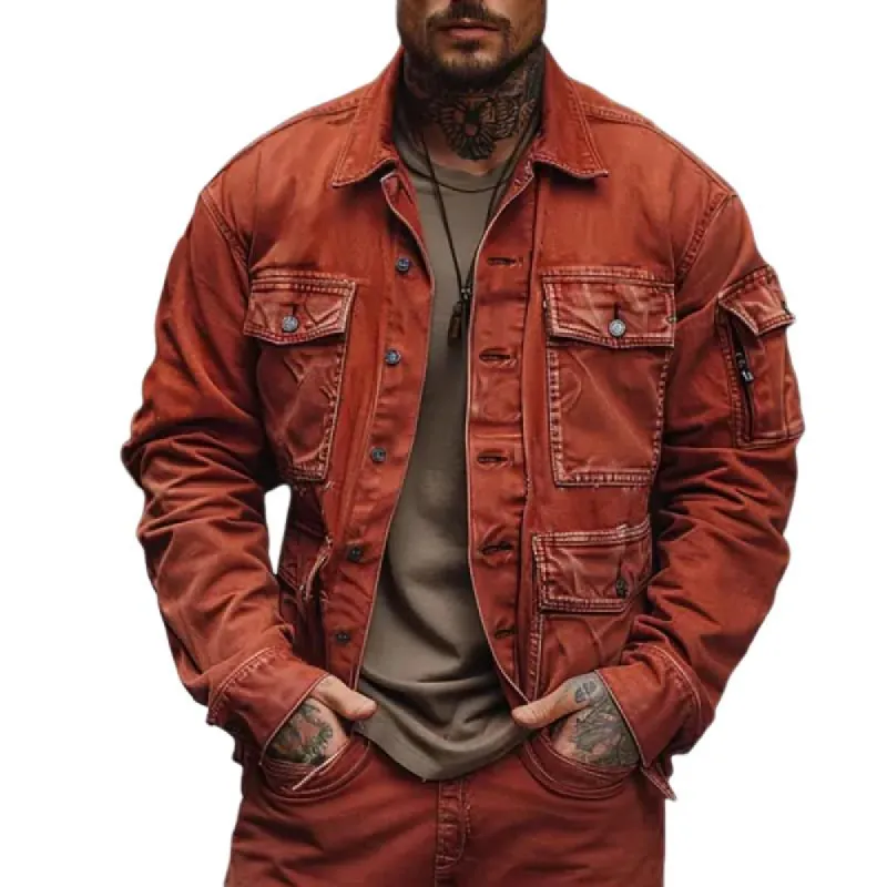 Men's Vintage Washed Distressed Multi-Pocket Jacket 21962138Y sold by Manly