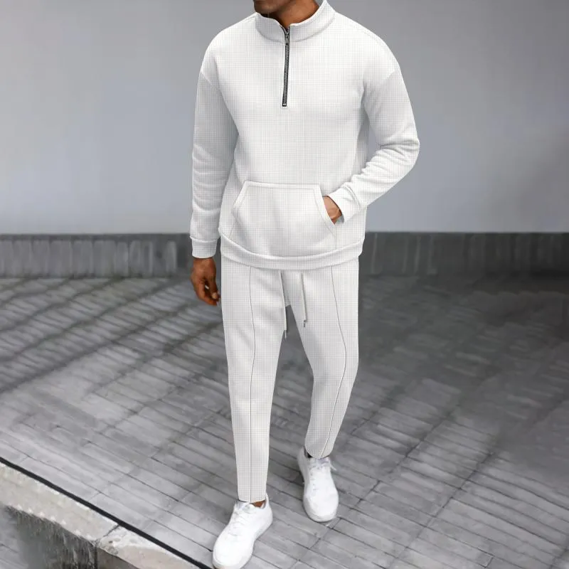 Men's Casual Waffle Zipper Stand Collar Long Sleeve Sweatshirt Sports Pants Set 29559493M sold by Manly product image thumbnail 4