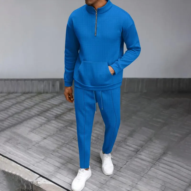 Men's Casual Waffle Zipper Stand Collar Long Sleeve Sweatshirt Sports Pants Set 29559493M sold by Manly product image thumbnail 2