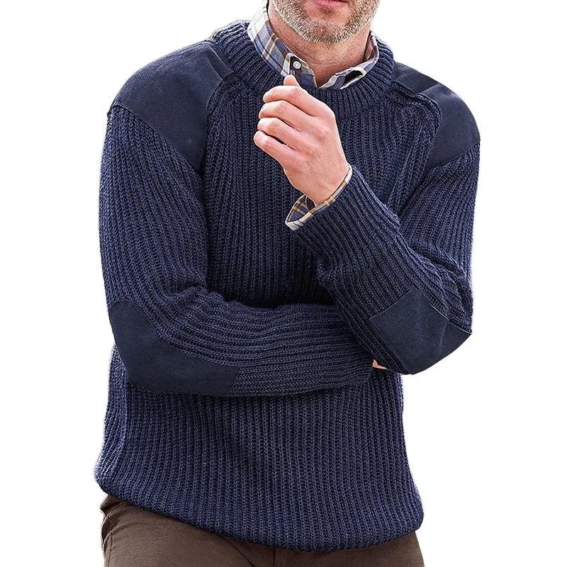 Men's Casual Retro Solid Color Stitching Pullover Sweater 49637311TO sold by Manly