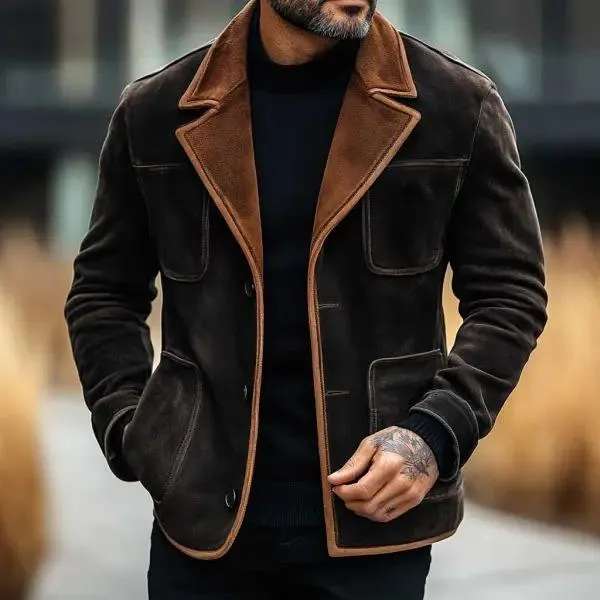 Men's Vintage Casual Lapel Colorblock Suede Jacket 91294681TO sold by Manly product image thumbnail 2