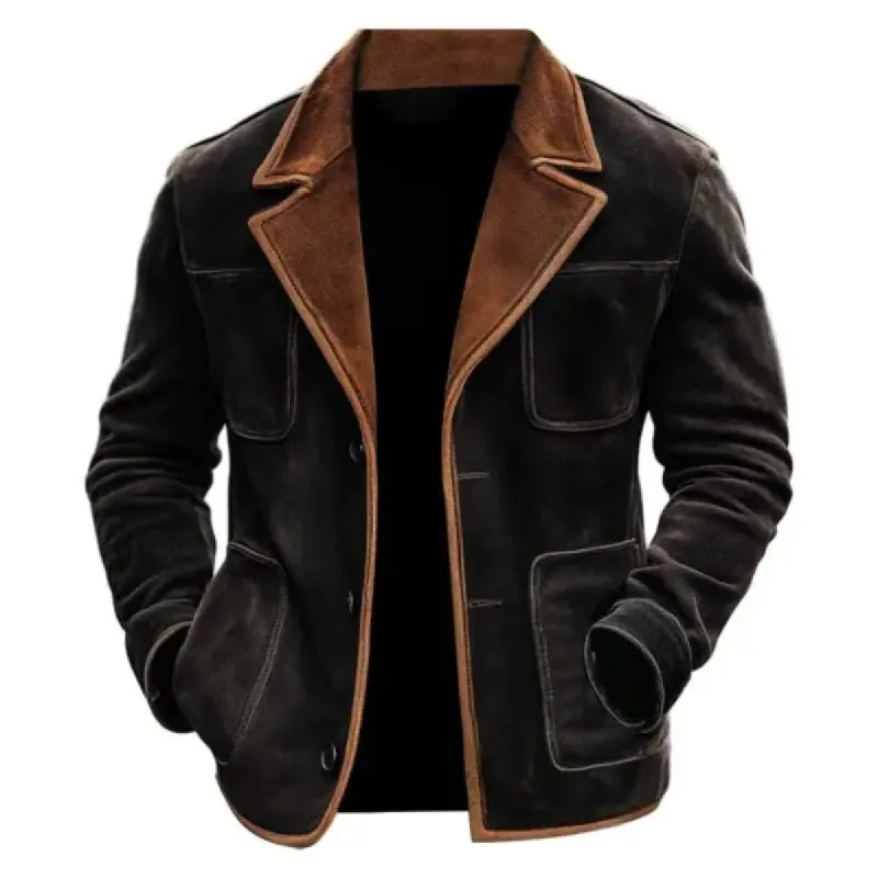 Men's Vintage Casual Lapel Colorblock Suede Jacket 91294681TO sold by Manly