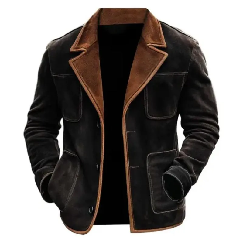 Men's Vintage Casual Lapel Colorblock Suede Jacket 91294681TO sold by Manly