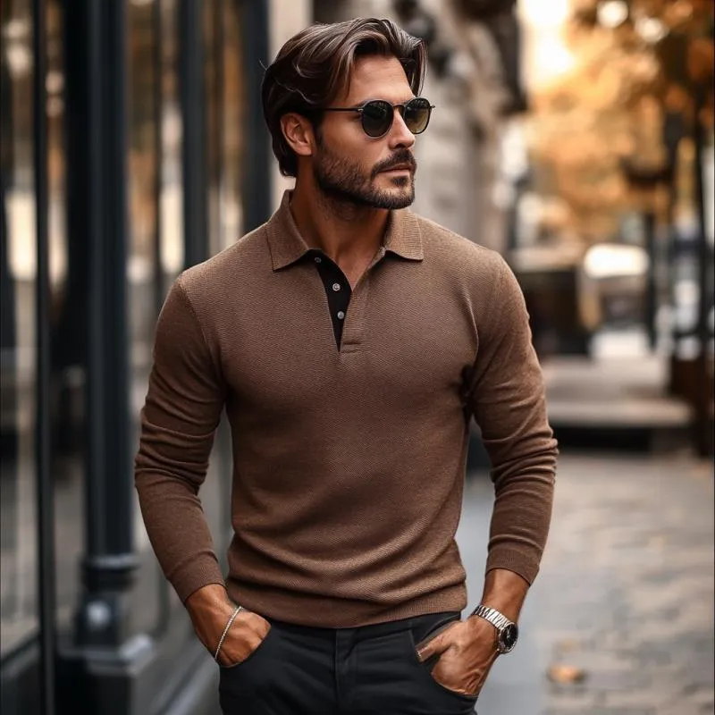 Men's Casual Cotton Blend Lapel Colorblock Slim Fit Long Sleeve Polo Shirt 27095991M sold by Manly product image thumbnail 3