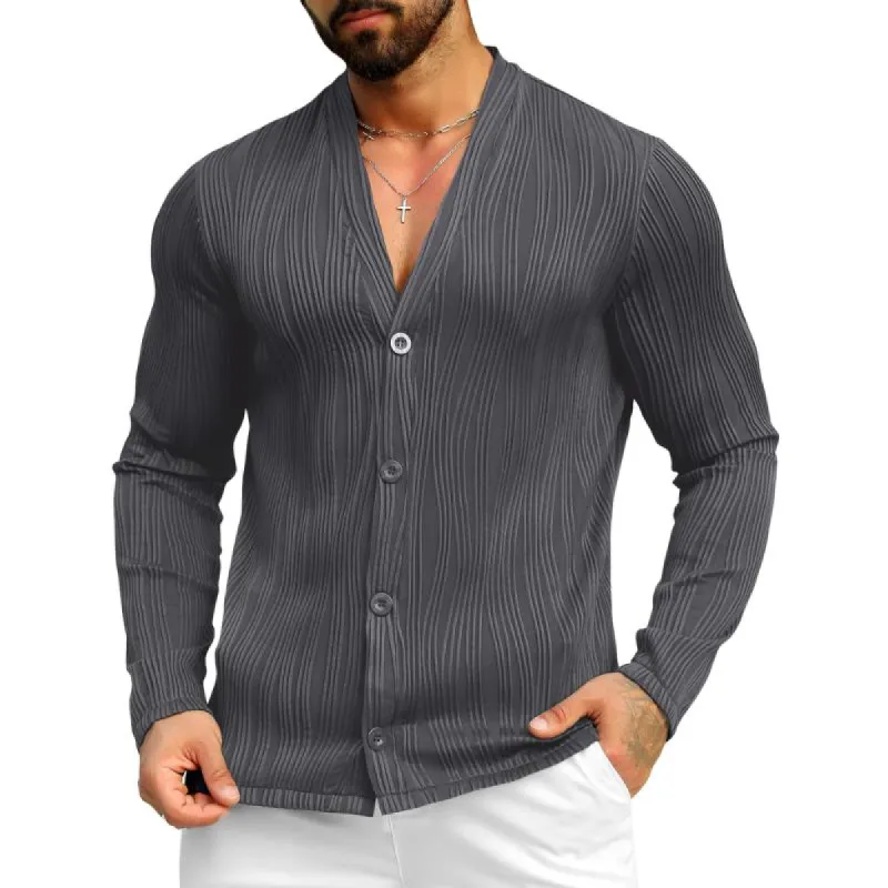 Men's Striped Texture Solid Color V-Neck Long Sleeve Shirt 31360621Y sold by Manly