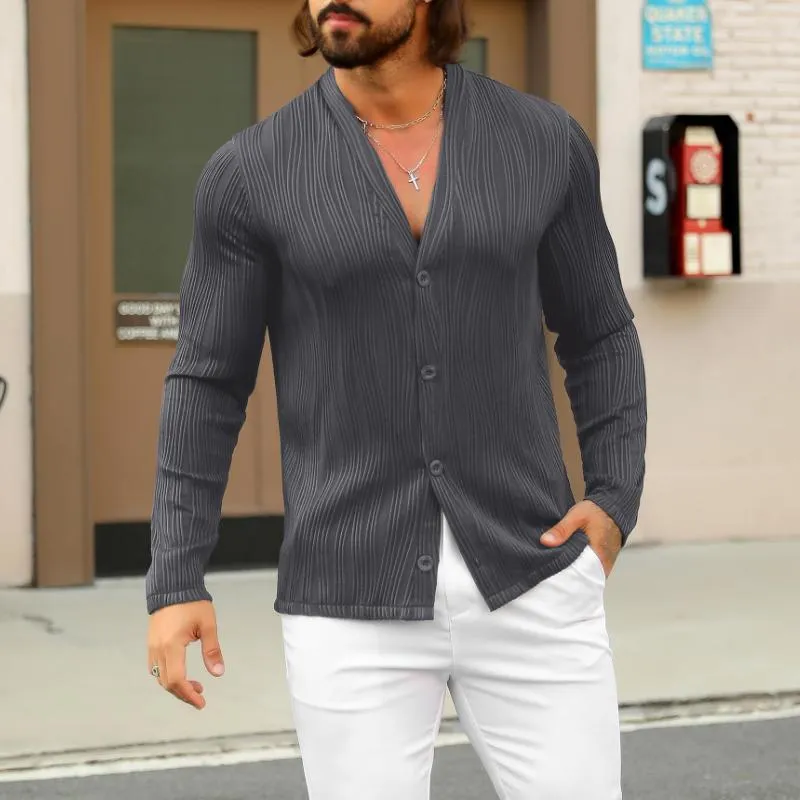 Men's Striped Texture Solid Color V-Neck Long Sleeve Shirt 31360621Y sold by Manly product image thumbnail 3
