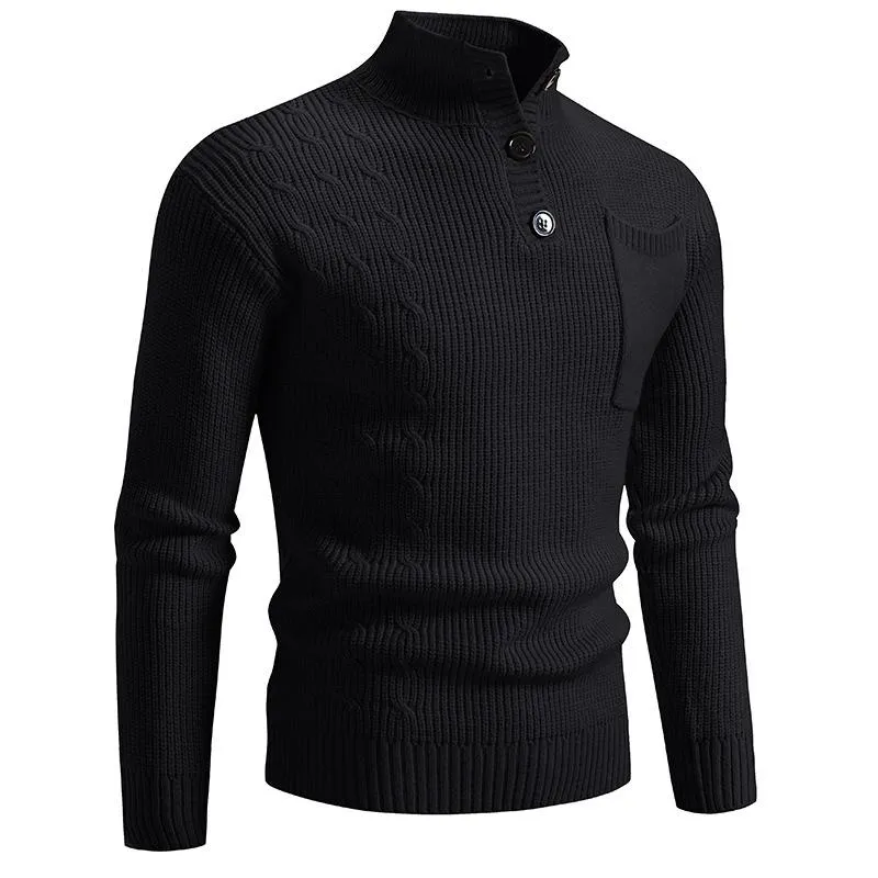 Men's Solid Color Cable Knit Button Stand Collar Chest Pocket Long Sleeve Sweater 69257717Y sold by Manly product image thumbnail 3