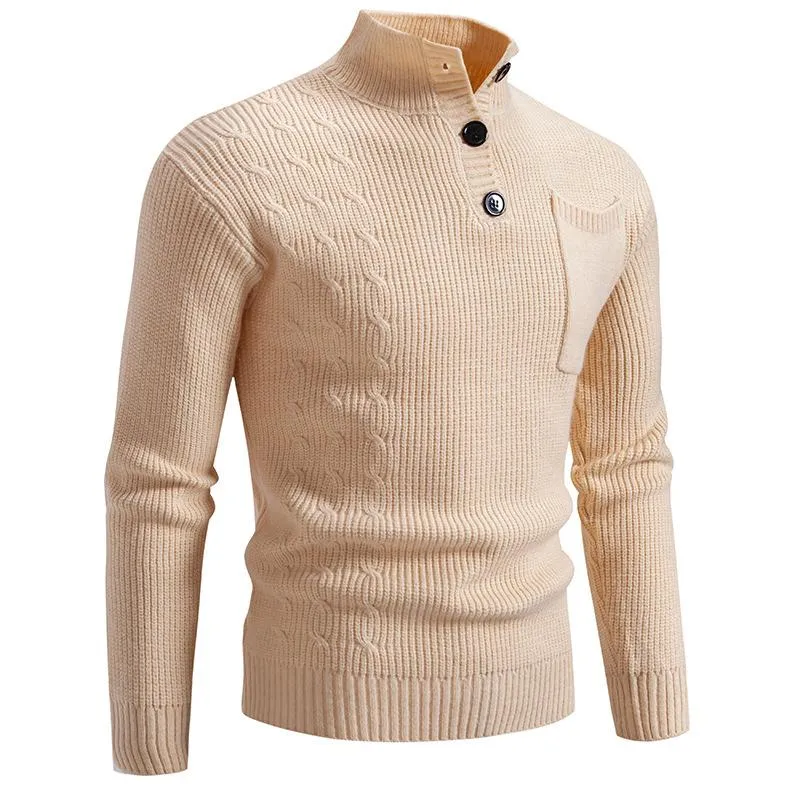 Men's Solid Color Cable Knit Button Stand Collar Chest Pocket Long Sleeve Sweater 69257717Y sold by Manly