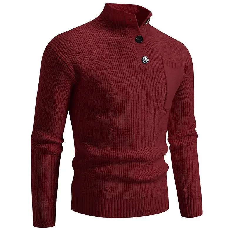 Men's Solid Color Cable Knit Button Stand Collar Chest Pocket Long Sleeve Sweater 69257717Y sold by Manly product image thumbnail 5