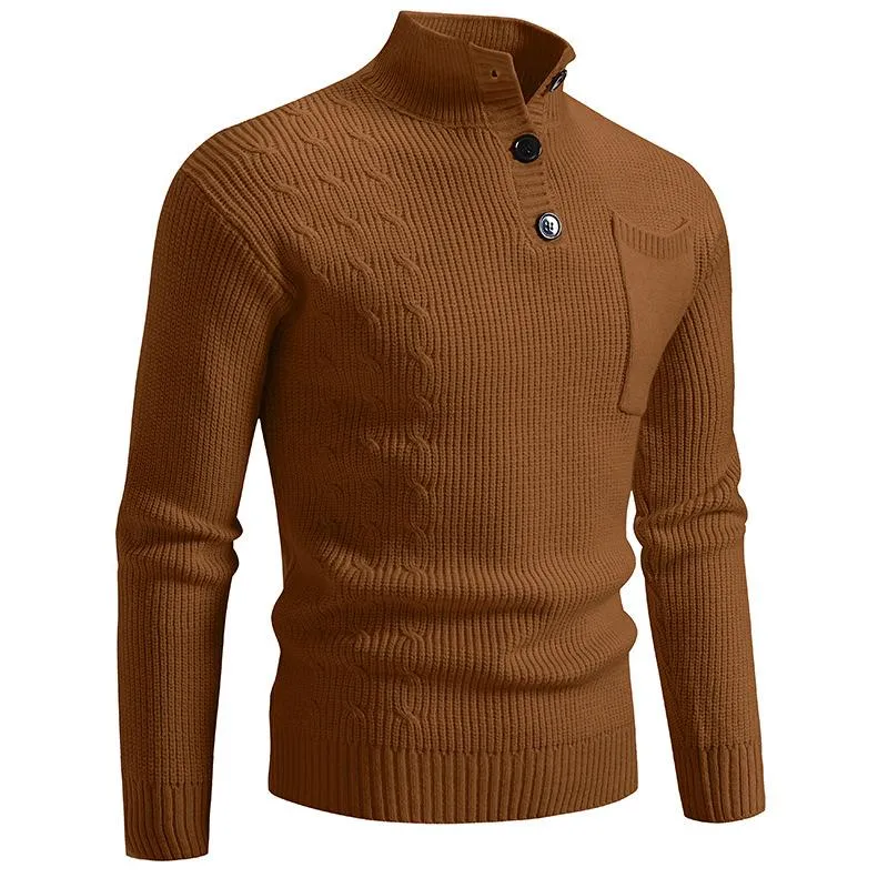 Men's Solid Color Cable Knit Button Stand Collar Chest Pocket Long Sleeve Sweater 69257717Y sold by Manly product image thumbnail 4