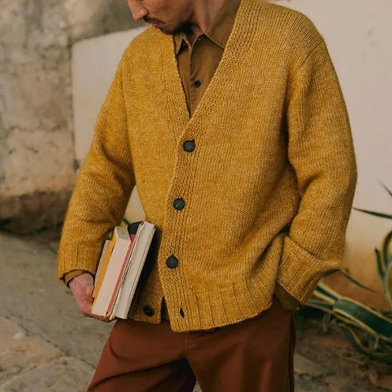 Men's Casual V-neck Single-breasted Solid Color Loose Knitted Cardigan 92921344M sold by Manly product image thumbnail 2