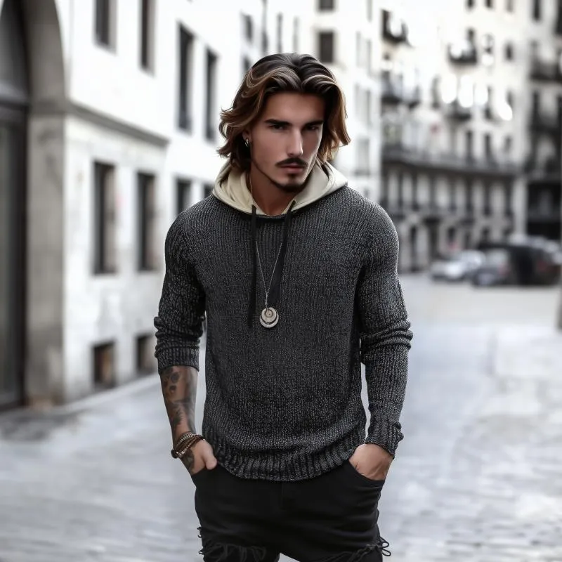 Men's Casual Patchwork Hooded Slim Fit Knitted Sweater 84080053M sold by Manly product image thumbnail 3