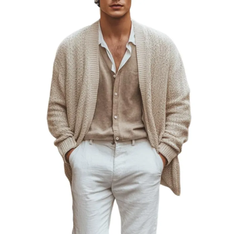 Men's Casual Collarless Solid Color Loose Knitted Cardigan 02004629M sold by Manly