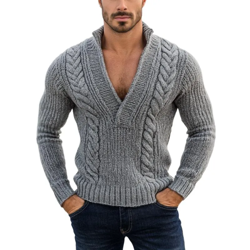 Men's Vintage V-neck Thickened Warm Cable Slim Knit Sweater 82276649M sold by Manly