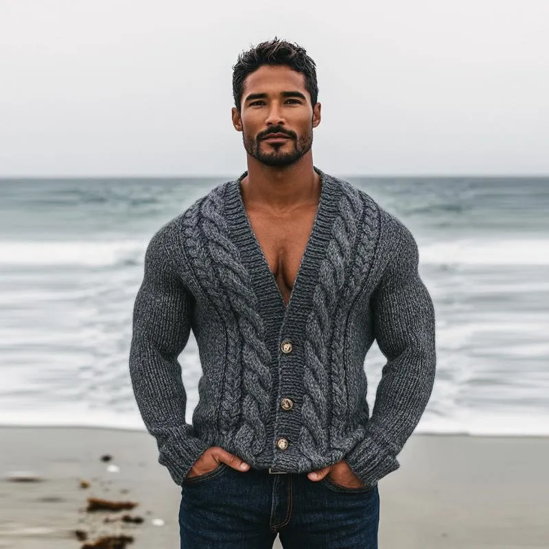 Men's Vintage V-neck Cable Slim Single-breasted Knit Cardigan 15285387M sold by Manly product image thumbnail 3