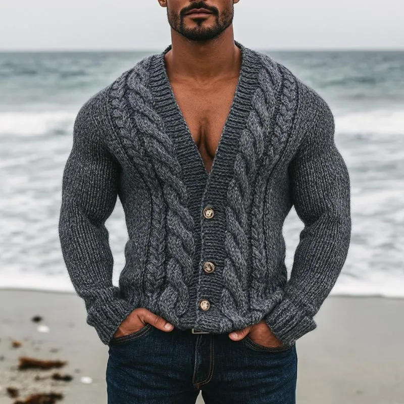 Men's Vintage V-neck Cable Slim Single-breasted Knit Cardigan 15285387M sold by Manly product image thumbnail 2