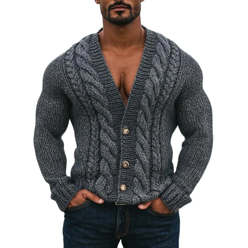 Men's Vintage V-neck Cable Slim Single-breasted Knit Cardigan 15285387M sold by Manly