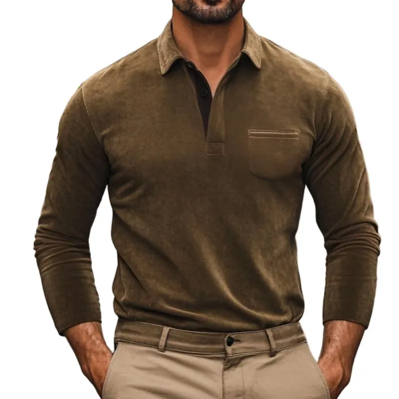 Men's Vintage Suede Chest Pocket Long Sleeve Polo Shirt 75880302Y sold by Manly