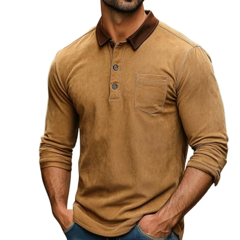 Men's Vintage Suede Chest Pocket Long Sleeve Polo Shirt 58531430Y sold by Manly