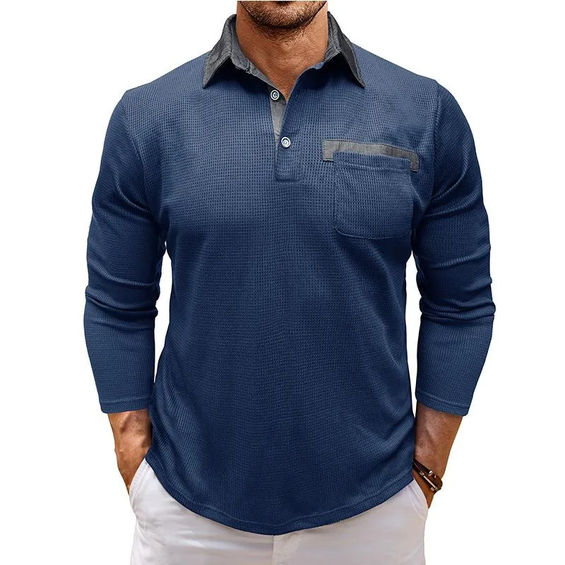 Men's Casual Colorblock Waffle Patch Pocket Slim Fit Long Sleeve Polo Shirt 62305108M sold by Manly product image thumbnail 5
