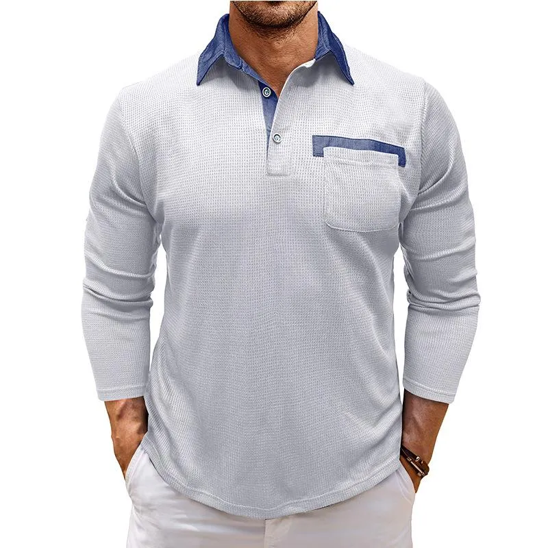Men's Casual Colorblock Waffle Patch Pocket Slim Fit Long Sleeve Polo Shirt 62305108M sold by Manly product image thumbnail 3
