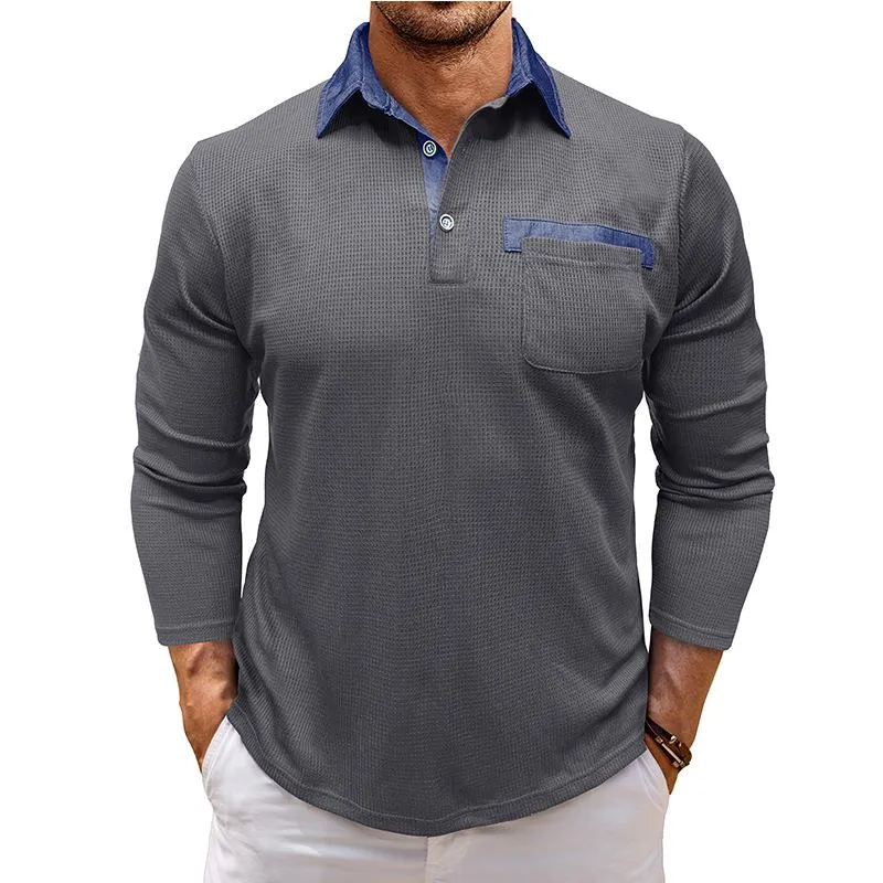 Men's Casual Colorblock Waffle Patch Pocket Slim Fit Long Sleeve Polo Shirt 62305108M sold by Manly